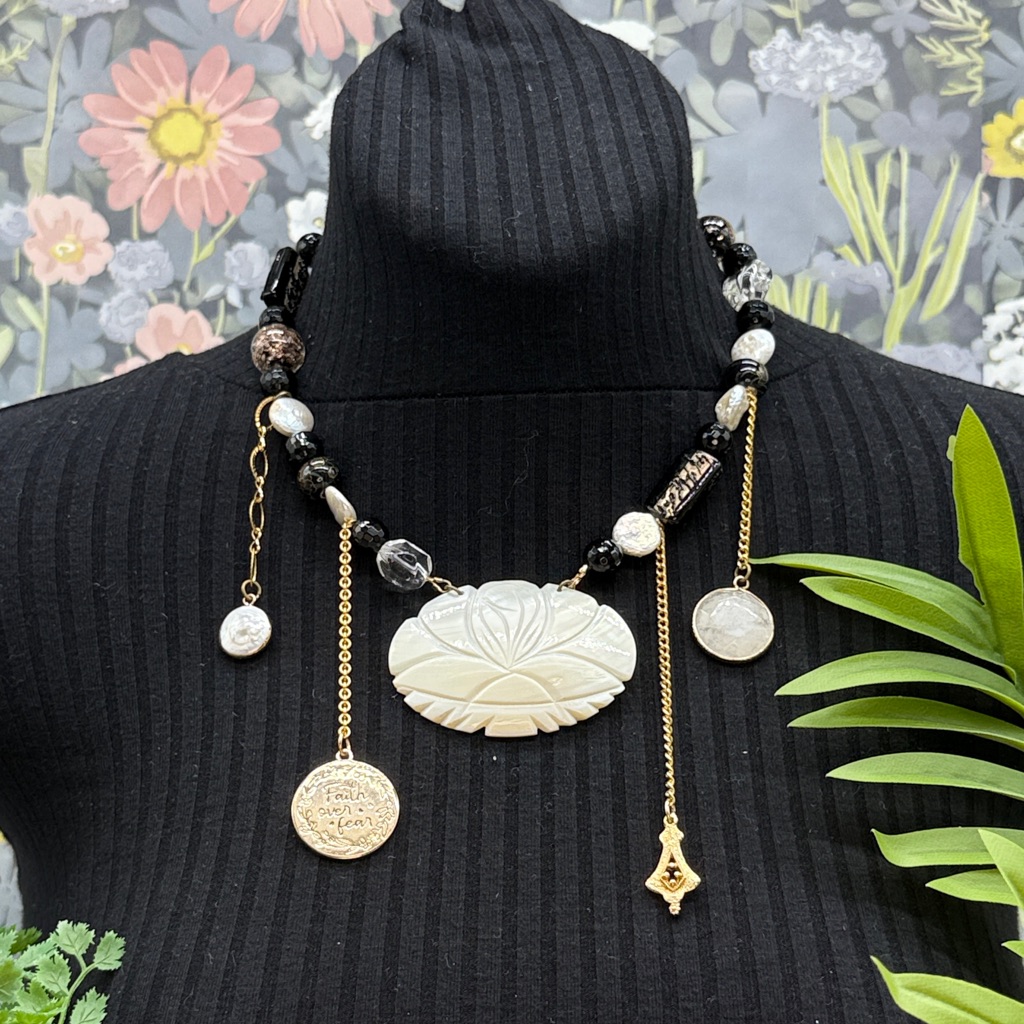 Adorned Crown Jewelry Assemblage Carved Mother Pearl Faith Over Fear Necklace 54$